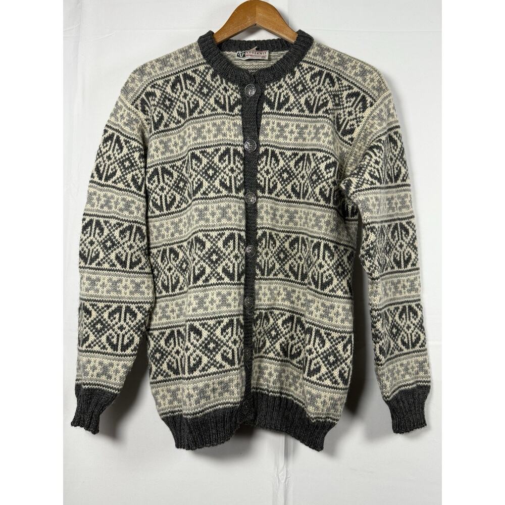 VossKnit Norway Wool Cardigan Sweater 100% Virgin Wool Nordic Gray Button